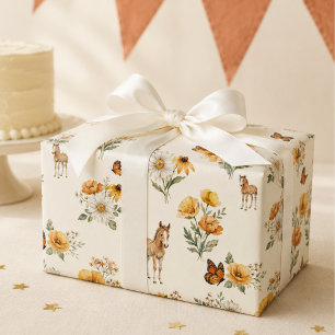 Vintage-Wildblumen-Pferd-und-Schmetterling-Muster Geschenkpapier