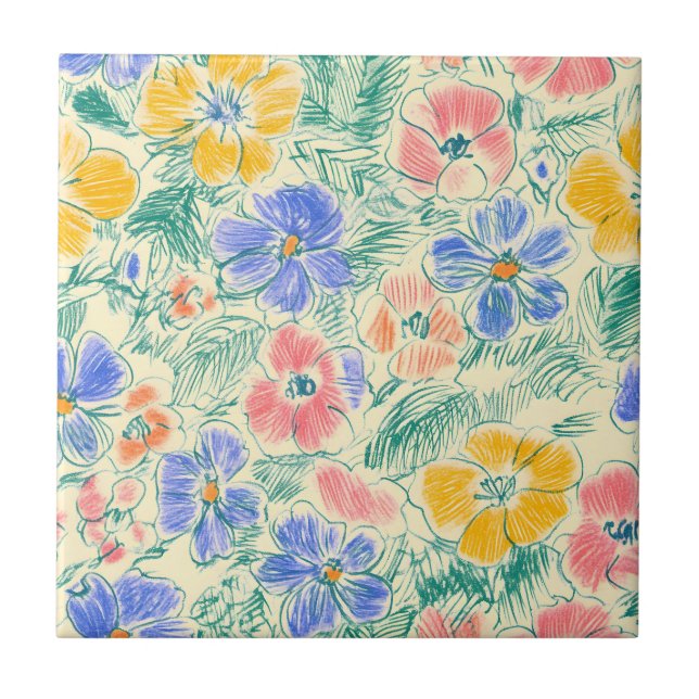 Vintage-Wildblumen-Skizze (3) Fliese (Vorderseite)