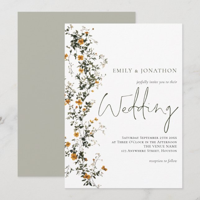Vintage Wildblumen Skriptsprache Gelbe Hochzeit Einladung (Vorne/Hinten)