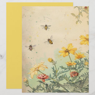 Vintage-Wildblumen und Bienen-Schabblattpapier