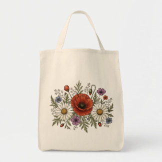 Vintage-Wildblumen- und Mohn-Leinwand-Einkaufsbeut Tragetasche