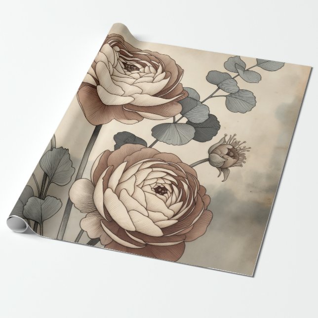 Vintage Wildflower Botanical Wrapping Paper Geschenkpapier (Ungerollt)
