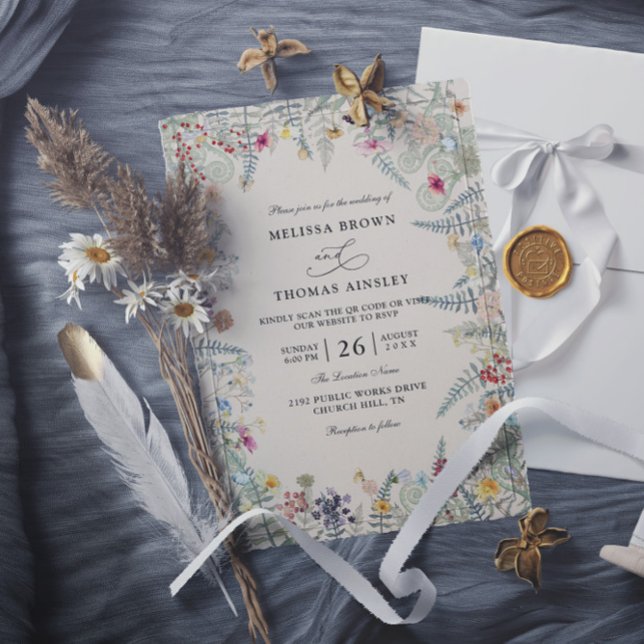 Vintage Wildflowers Fern Budget QR Code Wedding Einladung (Von Creator hochgeladen)