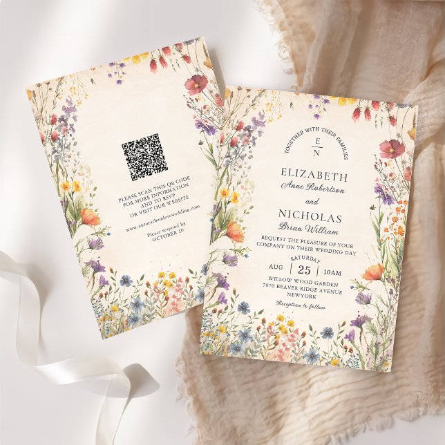 Vintage Wildflowers  QR Code Wedding Invitation Einladung (Von Creator hochgeladen)