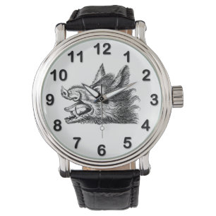Vintage-Wildschweinkopf-Zeichnung SW Armbanduhr