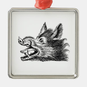 Vintage-Wildschweinkopf-Zeichnung SW Silbernes Ornament