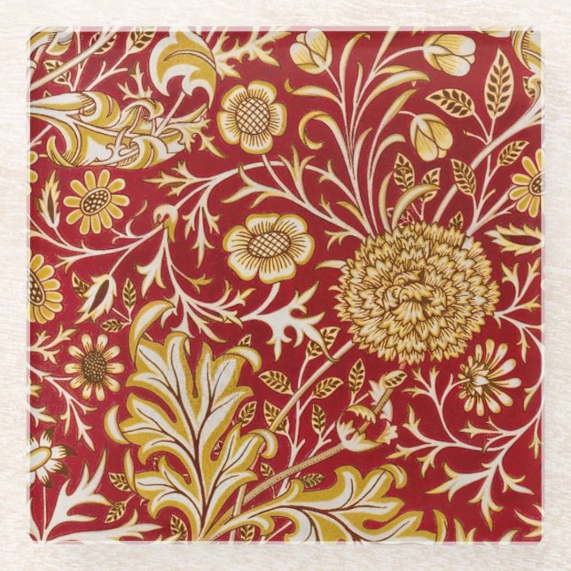 Vintage William Morris Cherwell Rot Blumen Kunst Glasuntersetzer (Vorderseite)