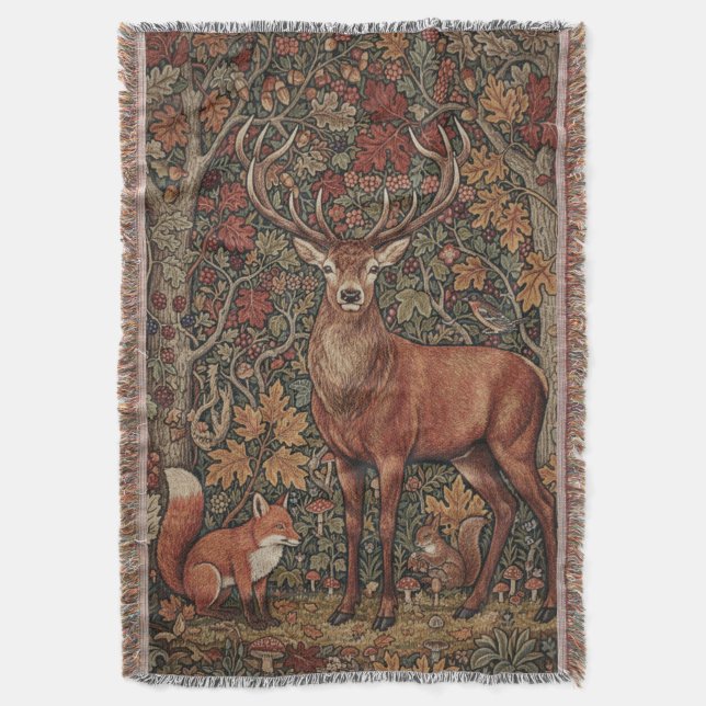Vintage William Morris Cottage Deer Fall Decke (Vorderseite Vertikal)