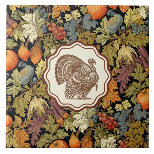 Vintage William Morris Herbstblatt-Kürbis-Truthahn Fliese (Vorderseite)