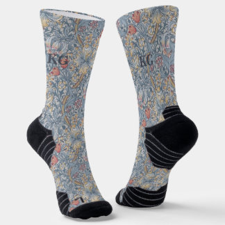 Vintage William Morris Marineblau-Rot Chrysantheme Socken