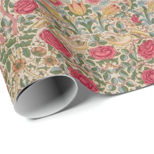 Vintage William Morris Rose Pink Gelber Vogel Flor Geschenkpapier