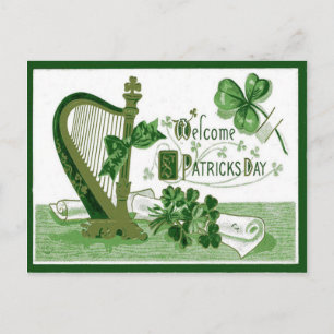 Vintage-Willkommens-Shamrock-Harp-St.-Patricks-Tag Postkarte