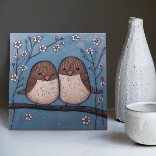 Vintage-Winter-Blau Art Nouveau Vogel Liebe Fliese