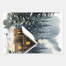 Vintage Winter Cabin Watercolor Christmas Geschenkpapier Set