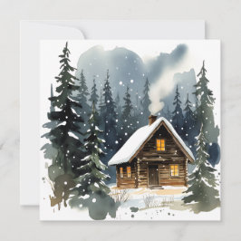 Vintage Winter Cabin Watercolor Christmas Karte