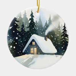 Vintage Winter Cabin Watercolor Christmas Keramik Ornament