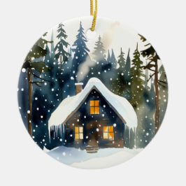 Vintage Winter Cabin Watercolor Christmas Keramik Ornament