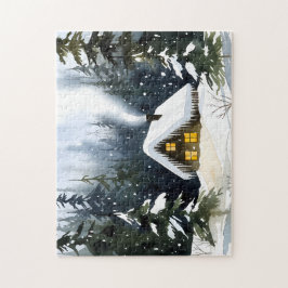 Vintage Winter Cabin Watercolor Christmas Puzzle