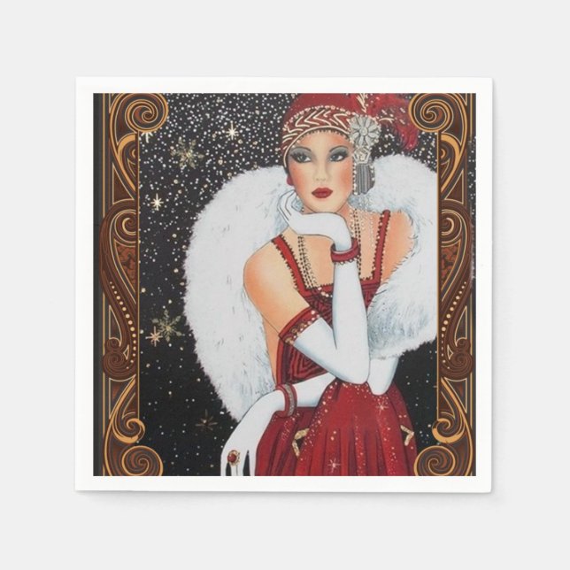 Vintage Winter Flapper-Frau der 1920er Jahre Serviette (Vorderseite)