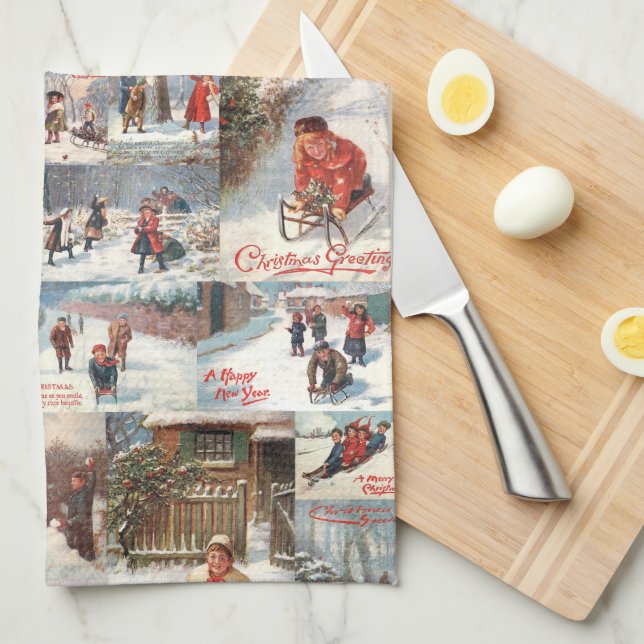 Vintage Winter Fun Christmas Collage Geschirrtuch (Viertel Falte)