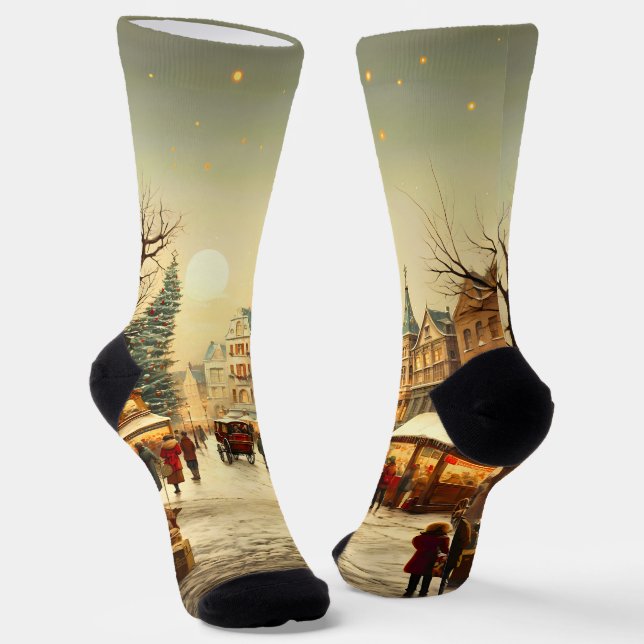Vintage Winter Schnee Weihnachtsmarktflecken Socken (Gewinkelt)