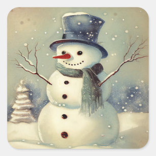 vintage Winter, Schneemann Quadratischer Aufkleber