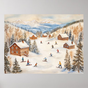 Vintage Winter Skifahrerszene Poster