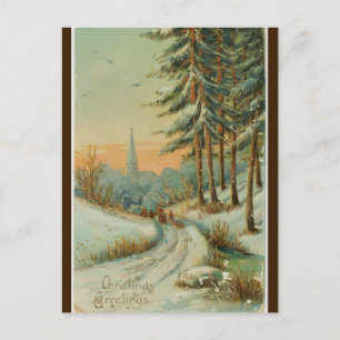 Vintage Winter Sonnenuntergang Bäume und Kirche We Postkarte