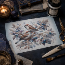 Vintage Winter Sparrows und Blueberries Decoupage