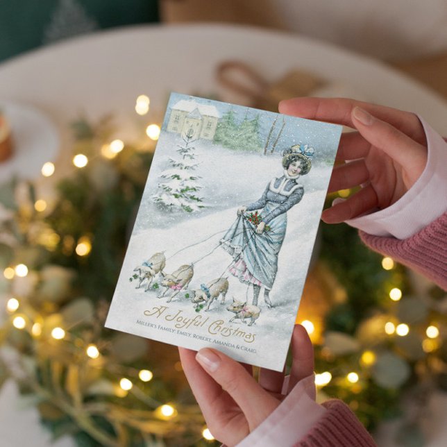 Vintage Winter Wonderland Lady Walking Pigs Einladung (Von Creator hochgeladen)
