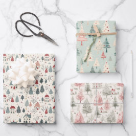 Vintage Winterbaumwälder Girly Pink Weihnachten Geschenkpapier Set