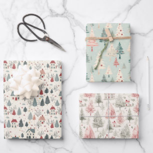 Vintage Winterbaumwälder Girly Pink Weihnachten Geschenkpapier Set