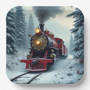 Vintage Winterdampflokomotive Pappteller