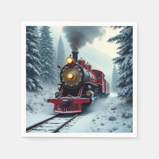 Vintage Winterdampflokomotive Serviette (Vorderseite)