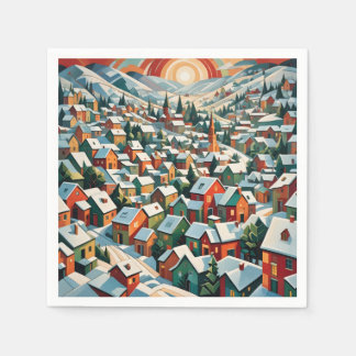 vintage Winterdorf unter dem Schnee Serviette