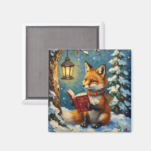 Vintage Winterfuchs beim Lesen im Laternenlicht Magnet