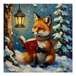 Vintage Winterfuchs liest beim Laternenlicht Poster