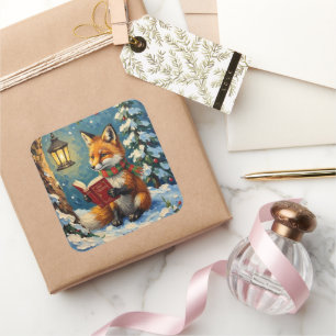 Vintage Winterfuchs liest beim Laternenlicht Quadratischer Aufkleber