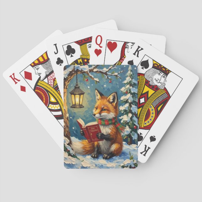 Vintage Winterfuchs liest beim Laternenlicht Spielkarten (Rückseite)