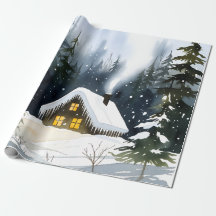Vintage Winterhütte Wasserfarben Weihnachten