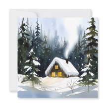 Vintage Winterhütte Wasserfarben Weihnachten