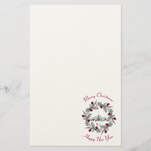 Vintage Winterkirchenszene mit Weihnachtskranz Briefpapier (Vorderseite)