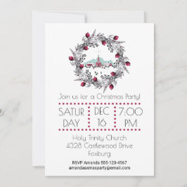 Vintage Winterkirchenszene mit Weihnachtskranz Einladung