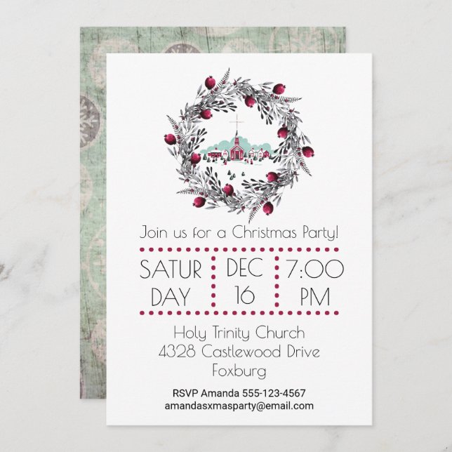 Vintage Winterkirchenszene mit Weihnachtskranz Einladung (Vorne/Hinten)