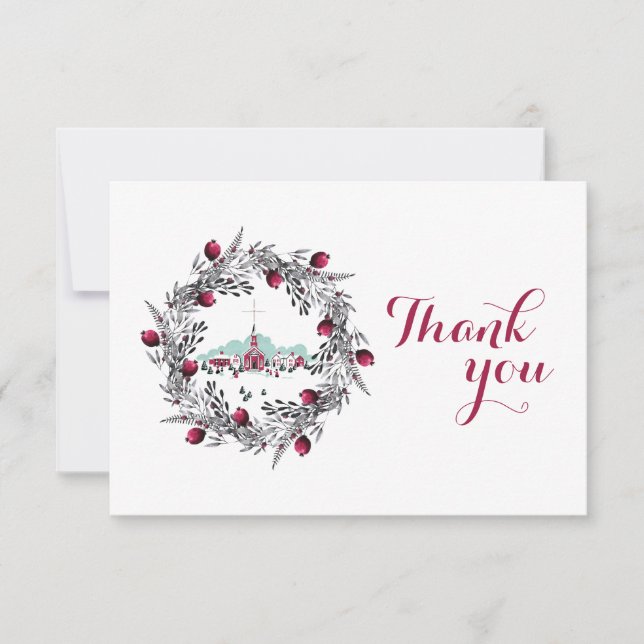 Vintage Winterkirchenszene mit Weihnachtskranz Einladung (Vorderseite)