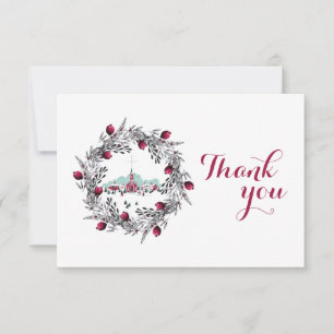 Vintage Winterkirchenszene mit Weihnachtskranz Einladung