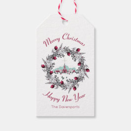 Vintage Winterkirchenszene mit Weihnachtskranz Geschenkanhänger