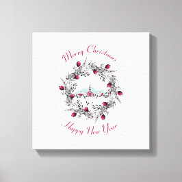 Vintage Winterkirchenszene mit Weihnachtskranz Leinwanddruck