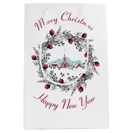 Vintage Winterkirchenszene mit Weihnachtskranz Mittlere Geschenktüte