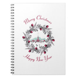 Vintage Winterkirchenszene mit Weihnachtskranz Notizblock